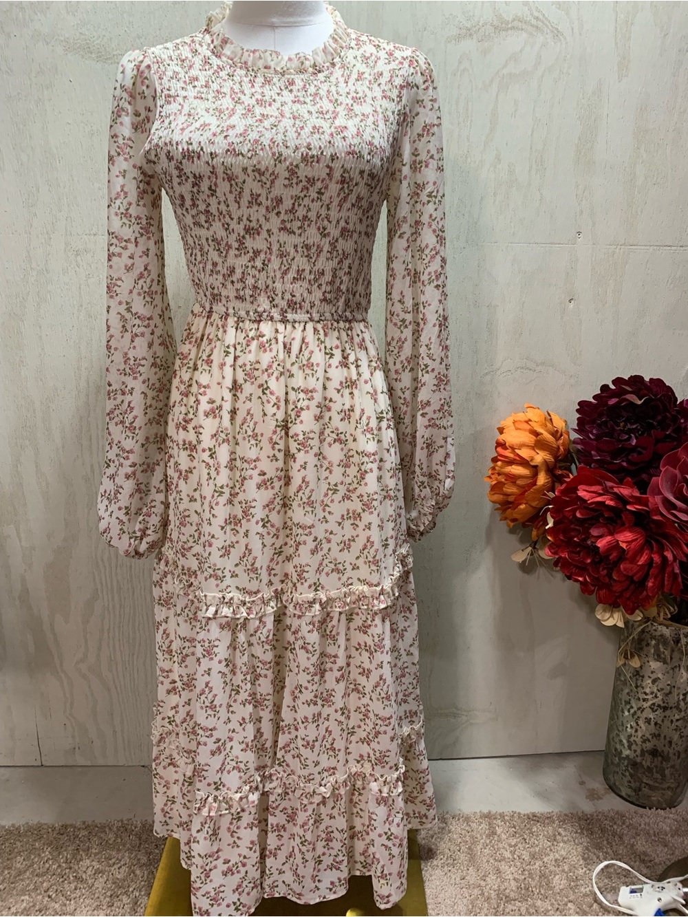 Floral Shirred Long-Sleeve Dress - Below The Knee Cream with Pink Floral